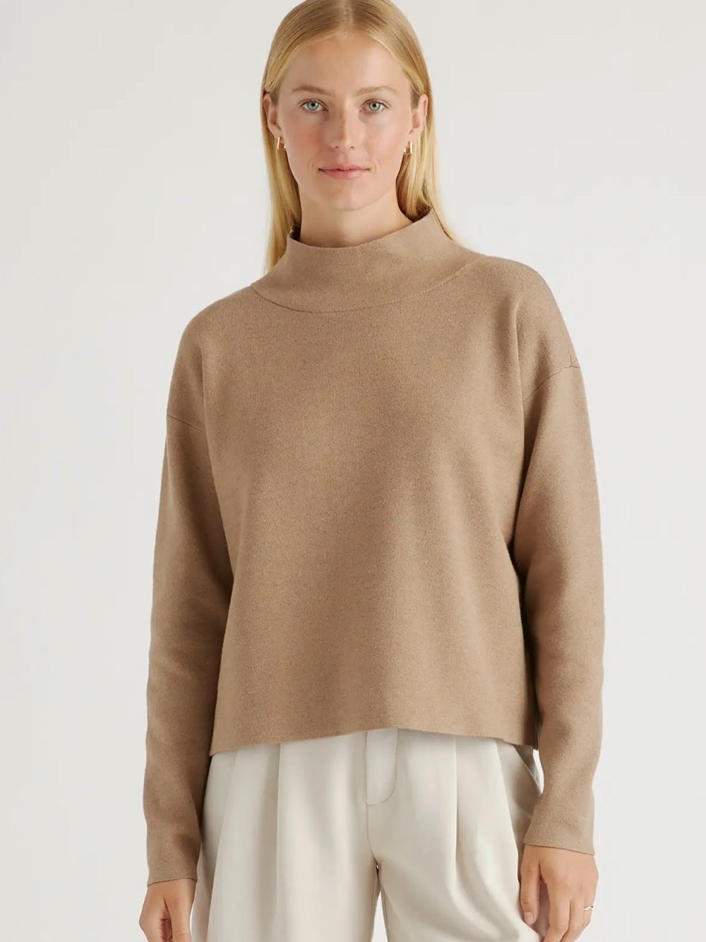 Quince Eco Knit Milano Stitch Mockneck Pullover Sweater in Warm Taupe